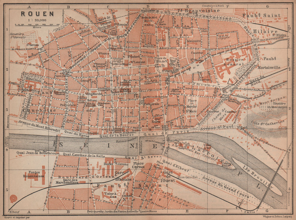 ROUEN antique town city plan de la ville. Seine-Maritime carte 1900 old map