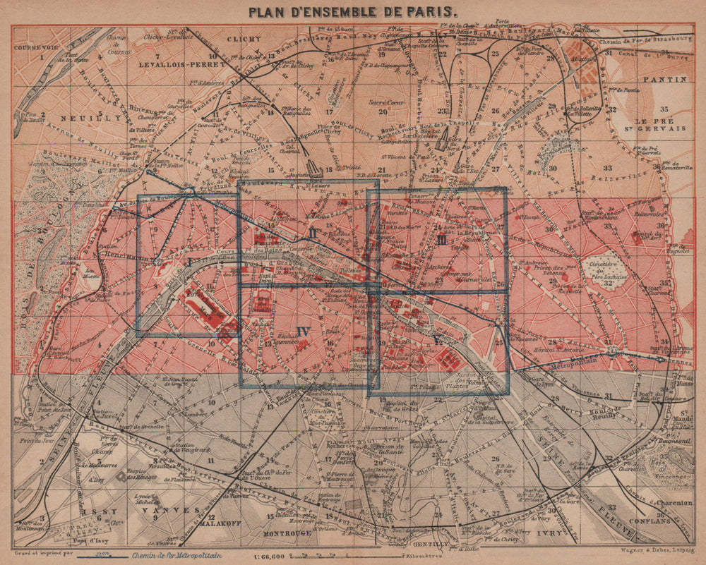 PARIS town city plan de la ville showing city walls. Railways carte 1900 map