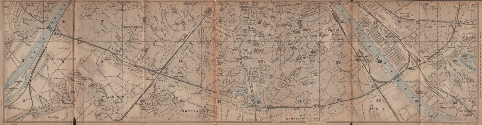 SOUTHERN PARIS town city plan de la ville. 12e 13e 14e 15e carte 1900 ...
