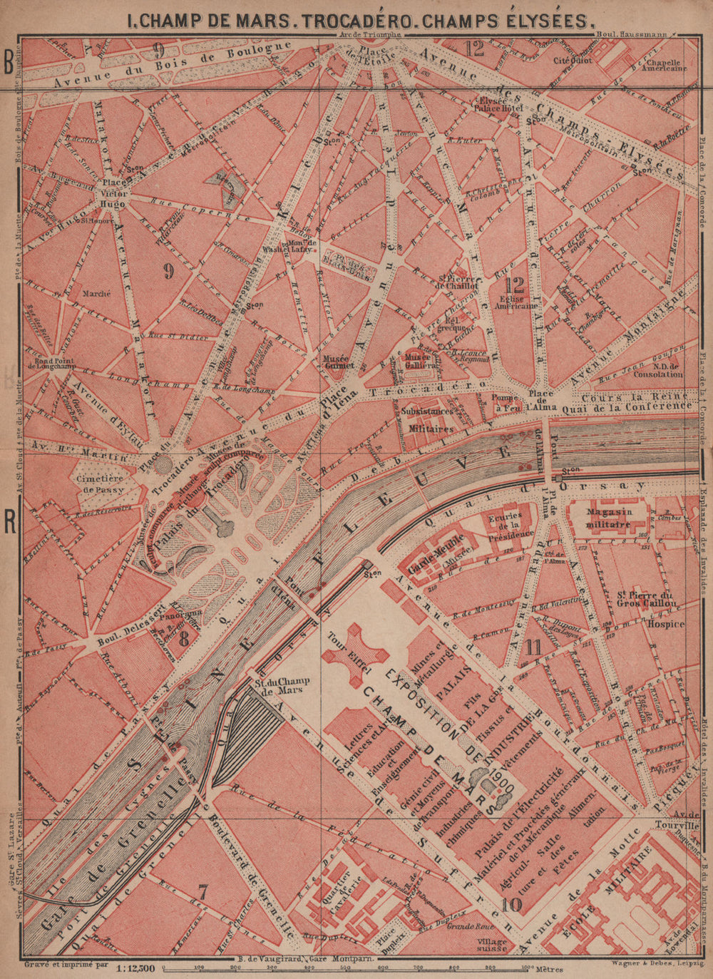 CHAMP DE MARS TROCADÉRO CHAMPS ÉLYSÉES town city plan. Paris 7e 8e 16e 1900 map
