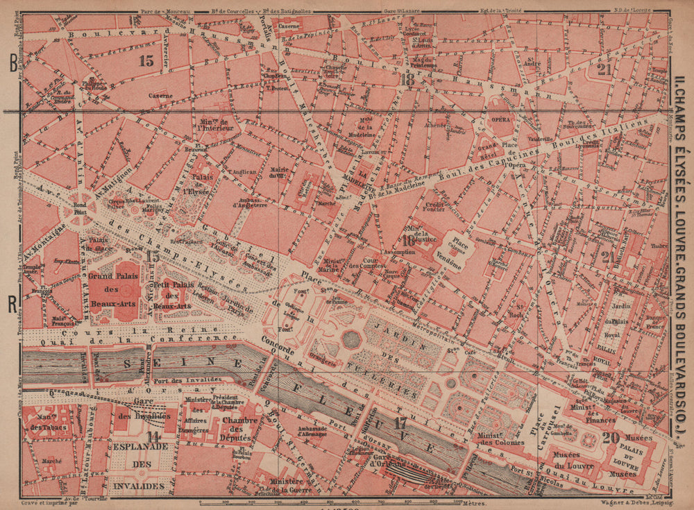 CHAMPS ÉLYSÉES LOUVRE GRANDS BOULEVARDS city plan Paris 1e 2e 7e 8e 9e 1900 map