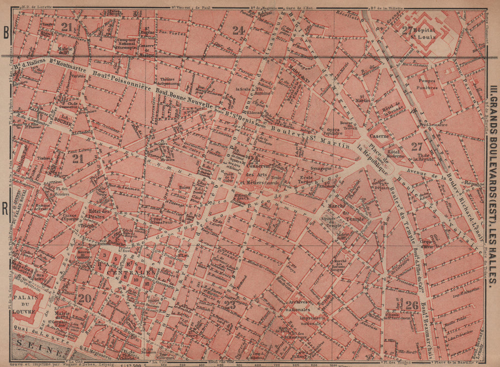 GRANDS BOULEVARDS LES HALLES MARAIS town city plan. Paris 1e 2e 3e 10e 1900 map