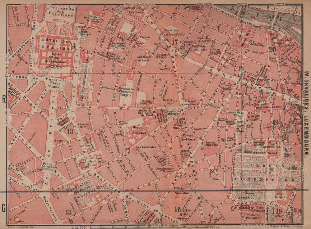 INVALIDES LUXEMBOURG. town city plan de la ville. Paris 6e 7e carte 1900 map