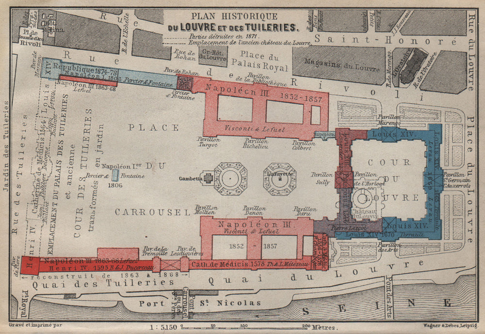 LOUVRE & TUILERIES. Plan historique. Historic development. Paris 1er 1907 map