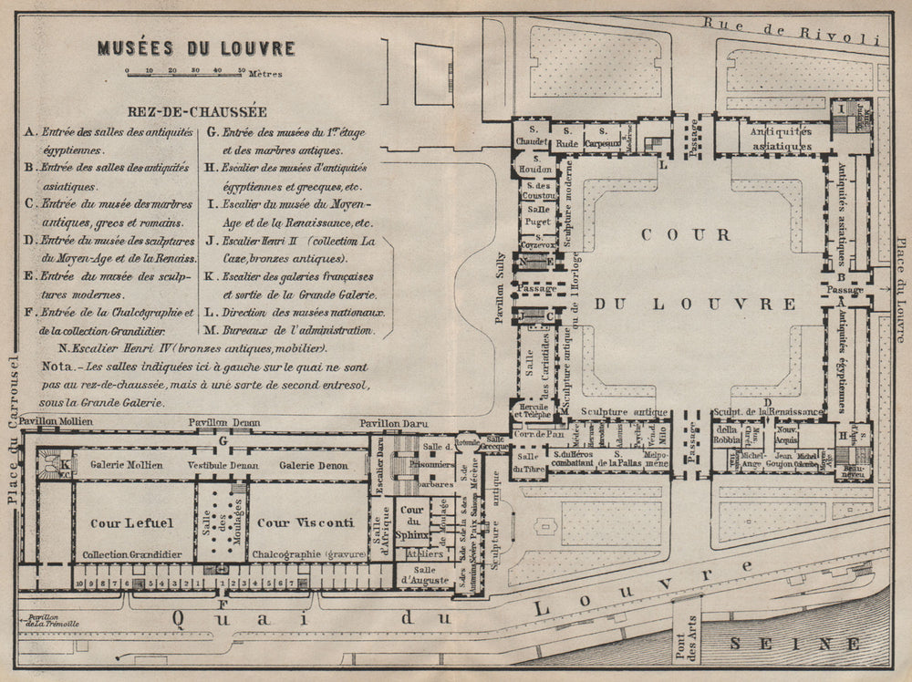 MUSÉES DU LOUVRE; REZ-DE-CHAUSSÉE ground floor plan. Paris carte 1907 old map