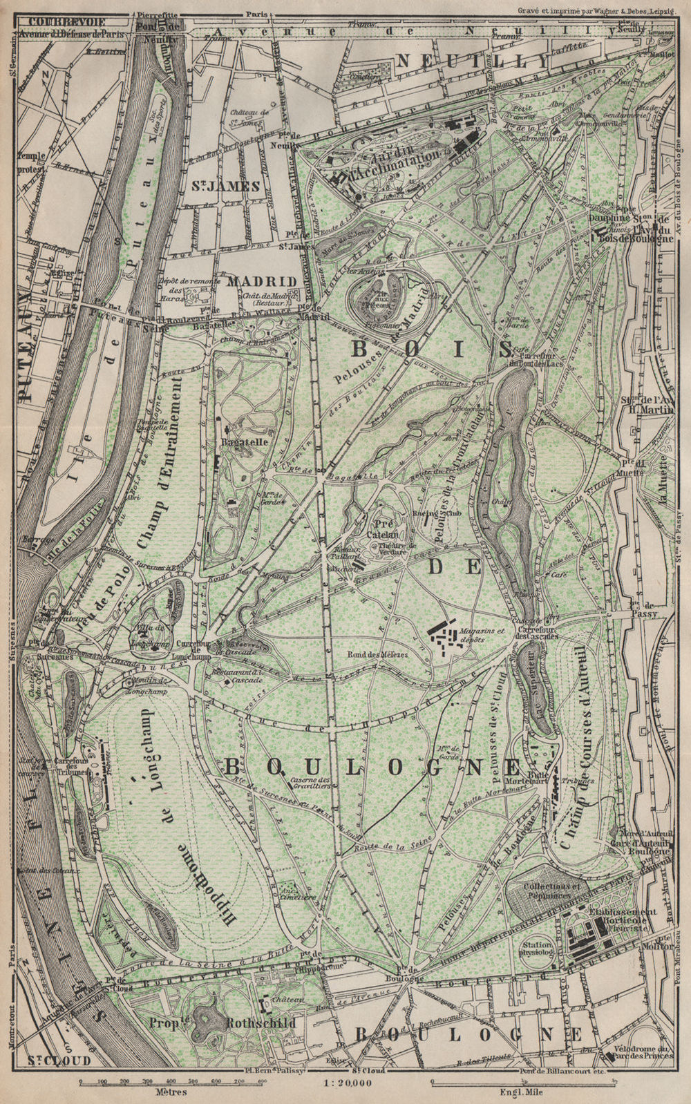 BOIS DE BOULOGNE plan. Paris Neuilly Longchamp Jardin d'Acclimatation 1907 map