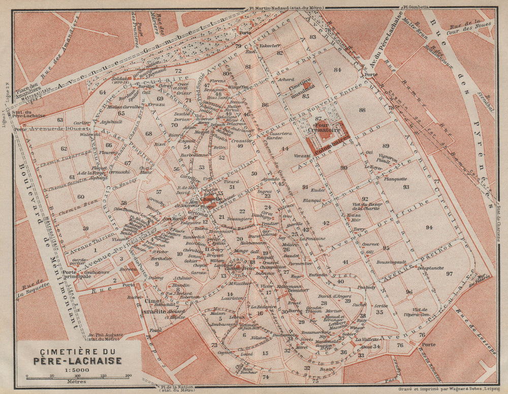 CEMETERY / CIMETIÈRE DU PÈRE-LACHAISE ground plan. Paris 20e carte 1907 map