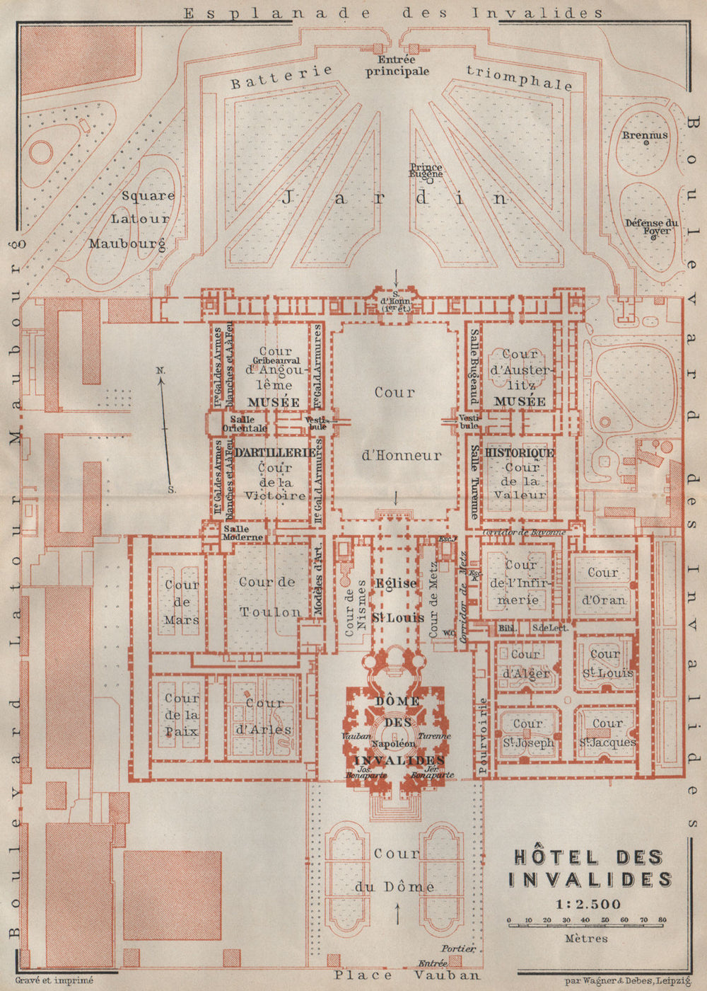 HÔTEL DES INVALIDES floor plan. Paris 7e carte. BAEDEKER 1907 old antique map