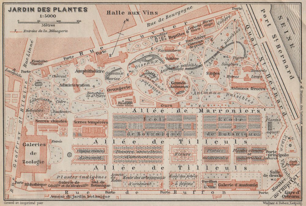 JARDIN DES PLANTES ground plan. Paris 5e carte. BAEDEKER 1907 old antique map