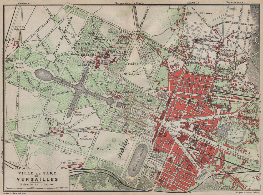 VERSAILLES. Château, ville & parc plan. Yvelines carte. BAEDEKER 1907 old map