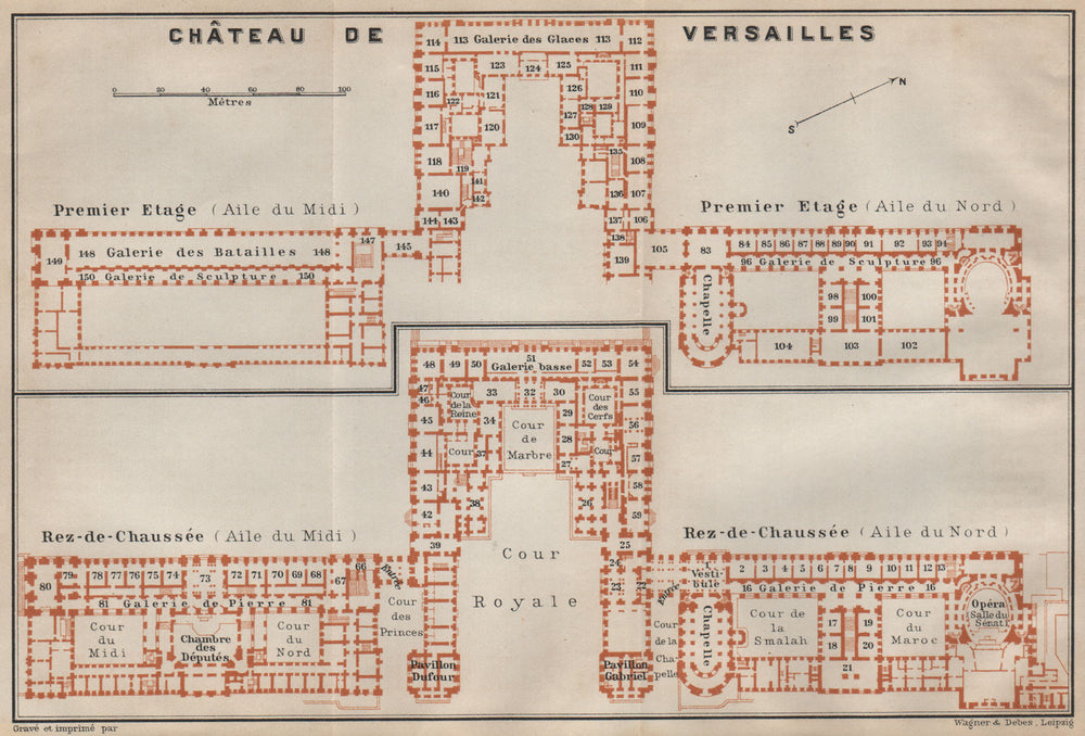 CHÂTEAU DE VERSAILLES; PREMIER ETAGE & REZ-DE-CHAUSSÉE floor plans 1907 map