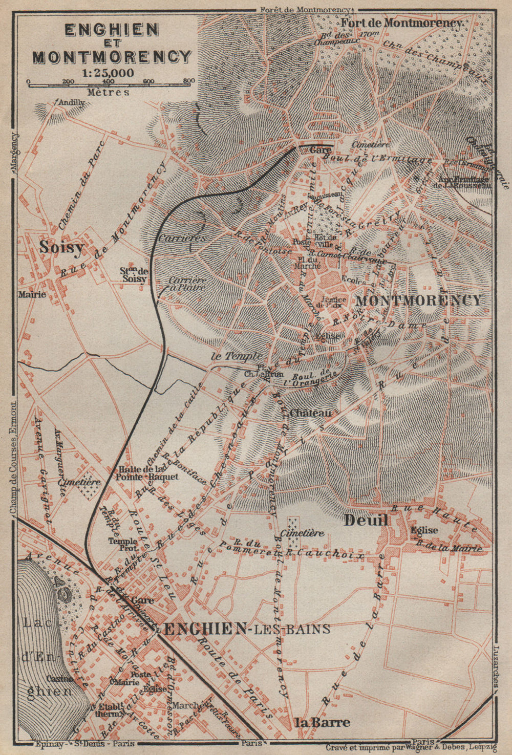 ENGHIEN-les-Bains & MONTMORENCY town city plan. Deuil Soisy Val-d'Oise 1907 map