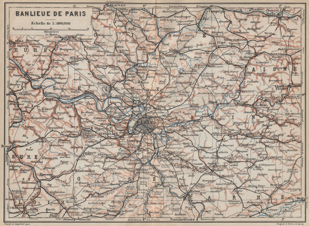 ÎLE-DE-FRANCE. Paris environs. Seine Oise Eure Loir Aisne carte 1907 old map