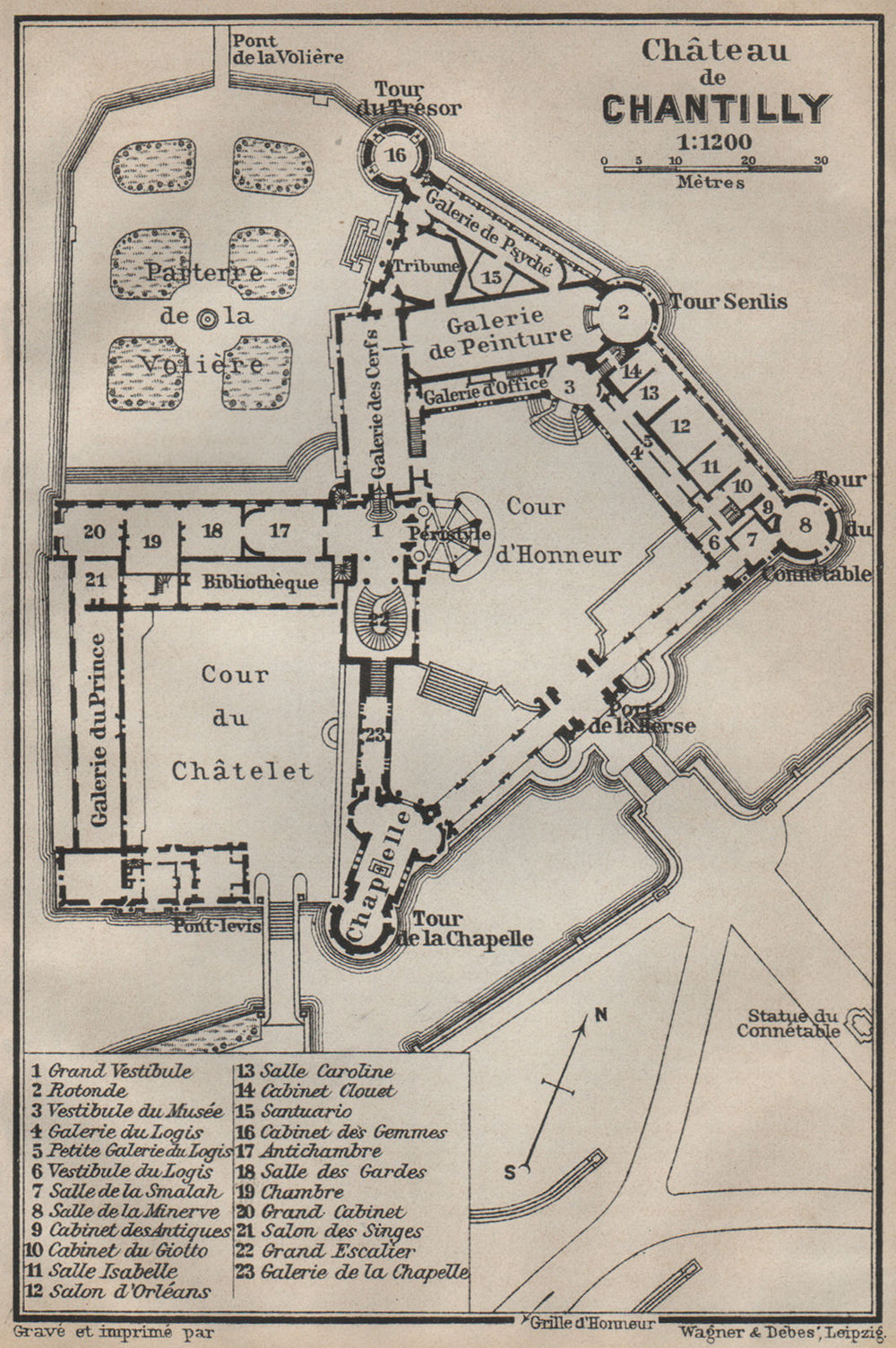 CHÂTEAU DE CHANTILLY floor plan. Oise carte. BAEDEKER 1907 old antique map