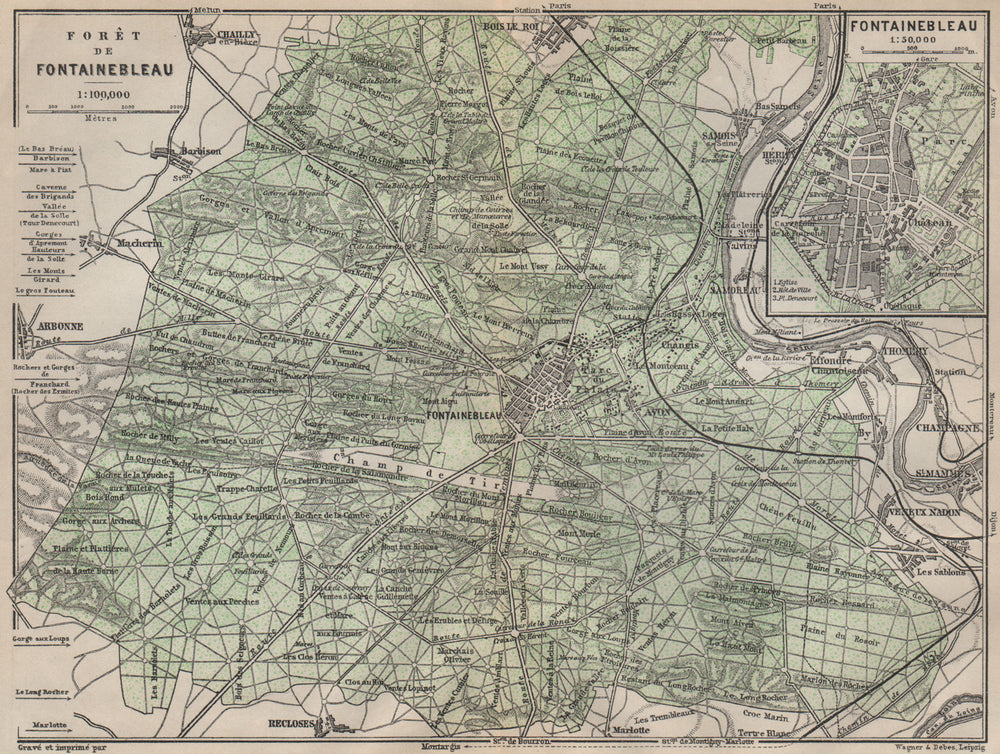 FORÊT DE FONTAINEBLEAU & town plan. Topo-map. Seine-et-Marne carte 1907