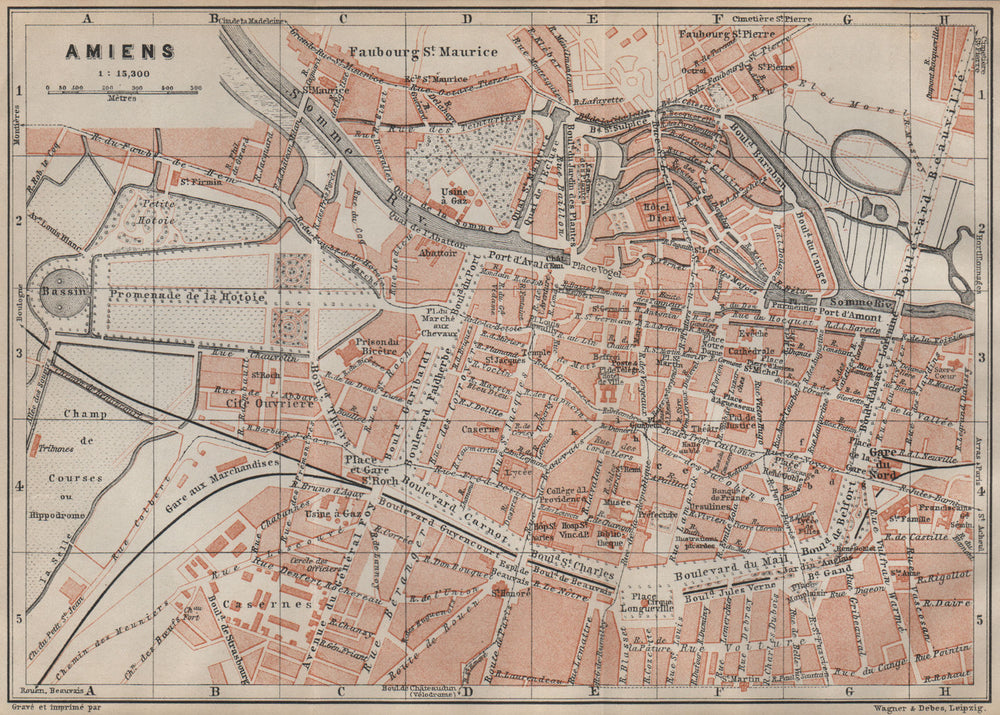 AMIENS antique town city plan de la ville. Somme carte. BAEDEKER 1907 old map