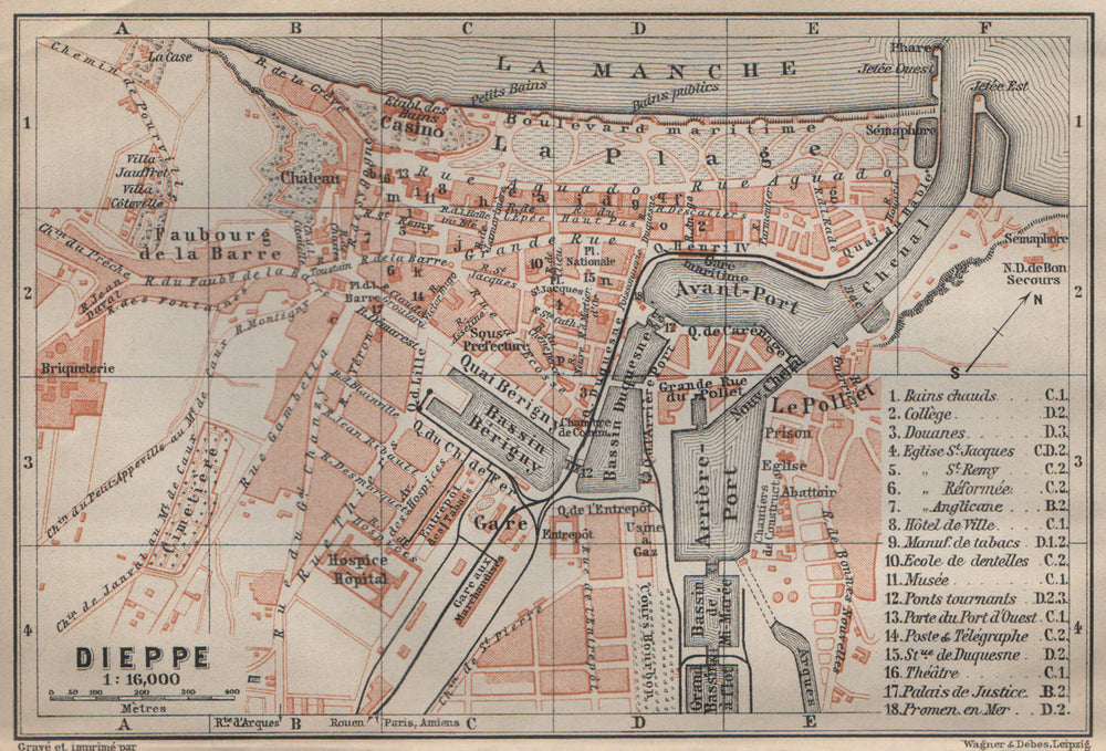 DIEPPE antique town city plan de la ville. Seine-Maritime carte 1907 old map