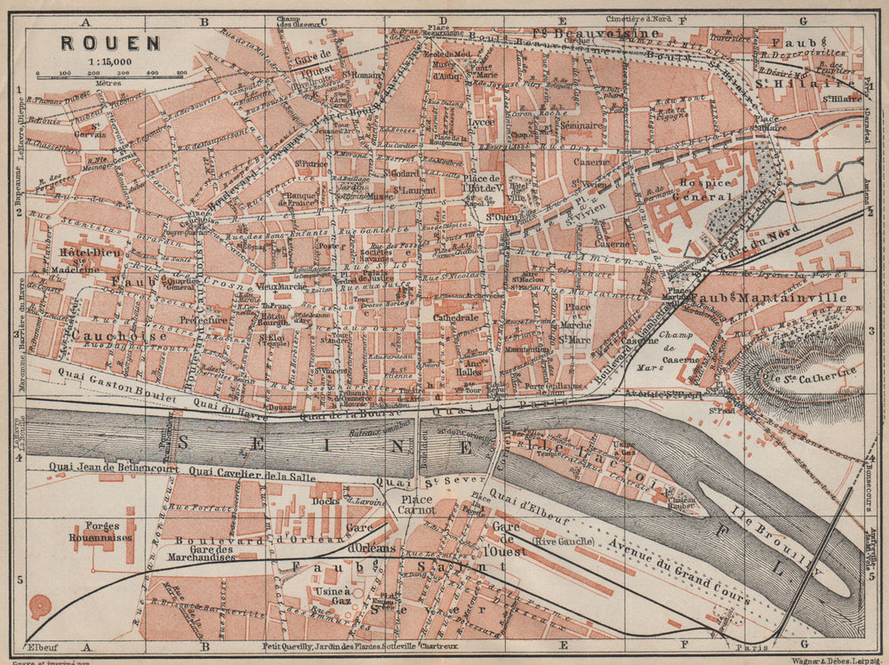 ROUEN antique town city plan de la ville. Seine-Maritime carte 1907 old map