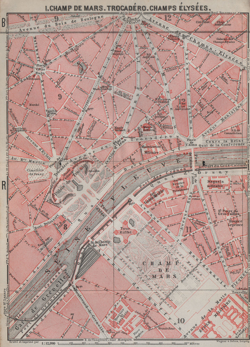 CHAMP DE MARS TROCADÉRO CHAMPS ÉLYSÉES town city plan. Paris 7e 8e 16e 1907 map