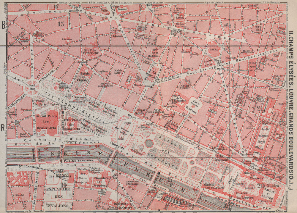 CHAMPS ÉLYSÉES LOUVRE GRANDS BOULEVARDS city plan Paris 1e 2e 7e 8e 9e 1907 map