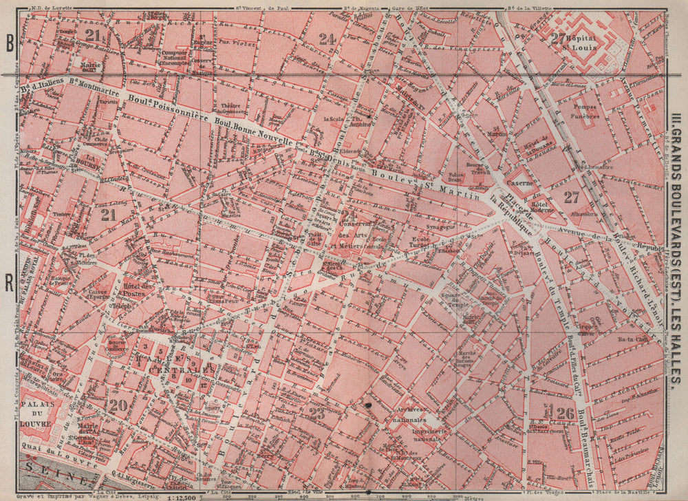 GRANDS BOULEVARDS LES HALLES MARAIS town city plan. Paris 1e 2e 3e 10e 1907 map