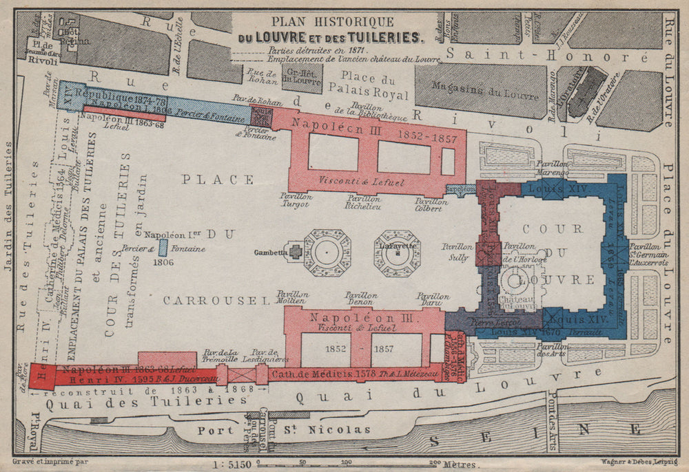 LOUVRE & TUILERIES. Plan historique. Historic development. Paris 1er 1910 map