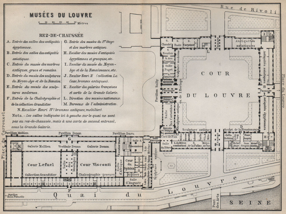 MUSÉES DU LOUVRE; REZ-DE-CHAUSSÉE ground floor plan. Paris carte 1910 old map