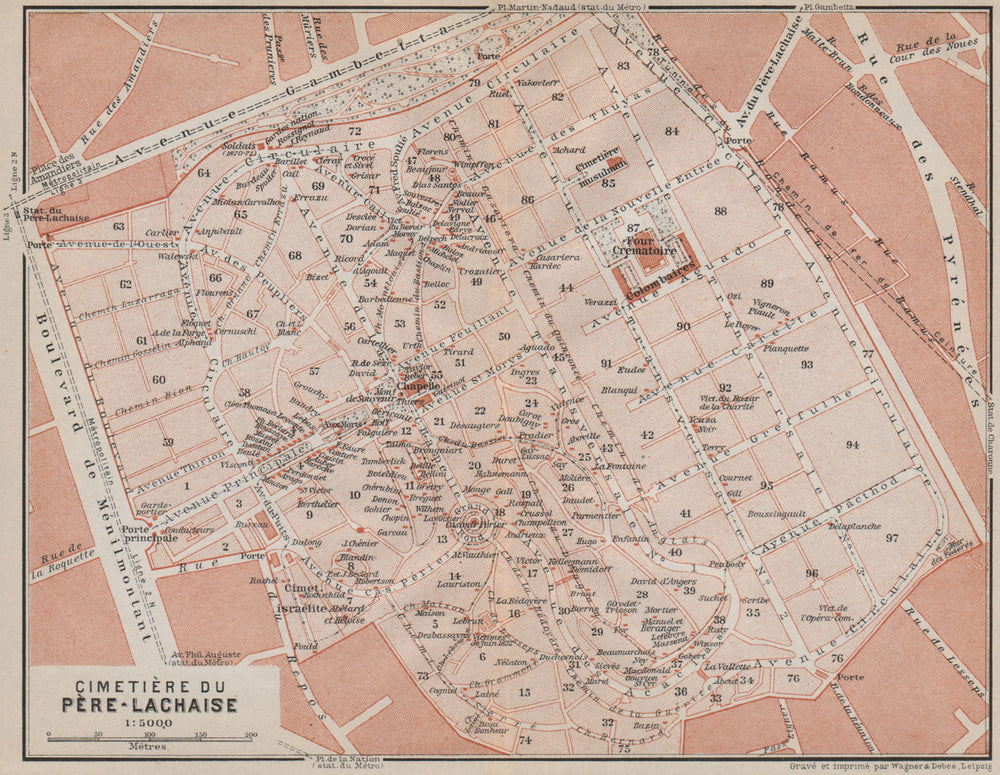 CEMETERY / CIMETIÈRE DU PÈRE-LACHAISE ground plan. Paris 20e carte 1910 map