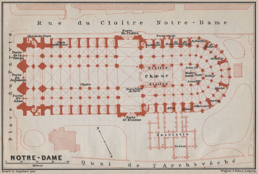 CATHÉDRALE CATHEDRAL NOTRE-DAME DE PARIS floor plan carte. BAEDEKER 1910 map