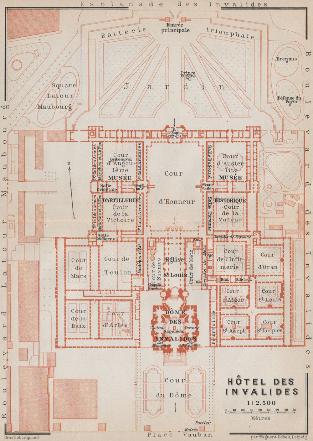 HÔTEL DES INVALIDES floor plan. Paris 7e carte. BAEDEKER 1910 old antique map