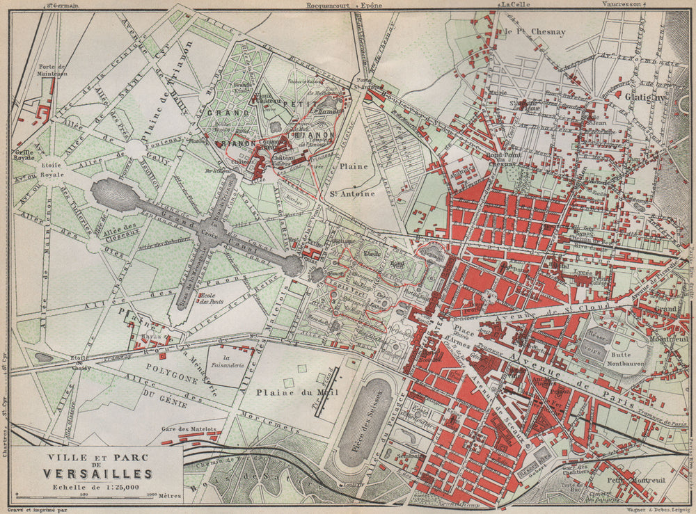 VERSAILLES. Château, ville & parc plan. Yvelines carte. BAEDEKER 1910 old map