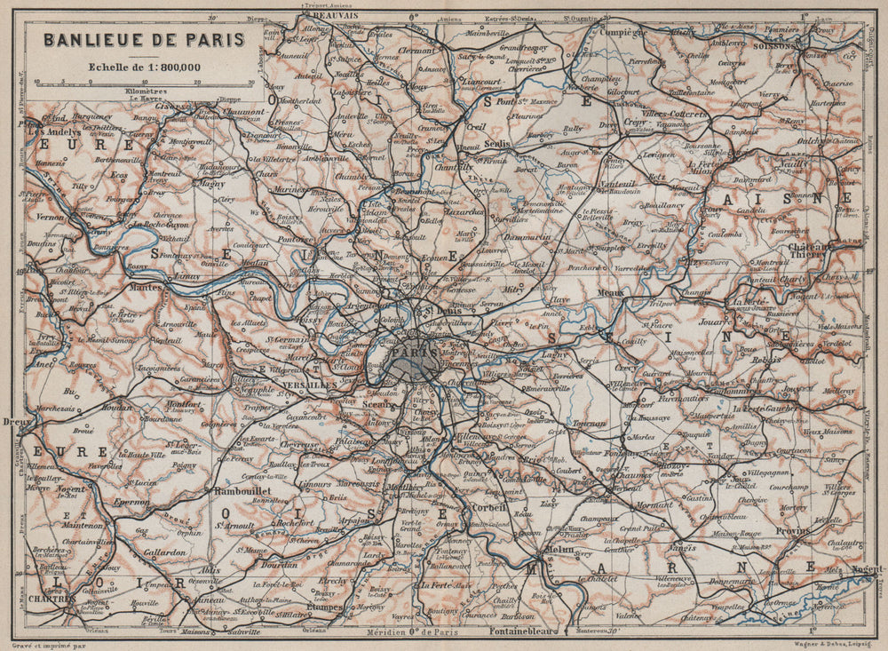 ÎLE-DE-FRANCE. Paris environs. Seine Oise Eure Loir Aisne carte 1910 old map
