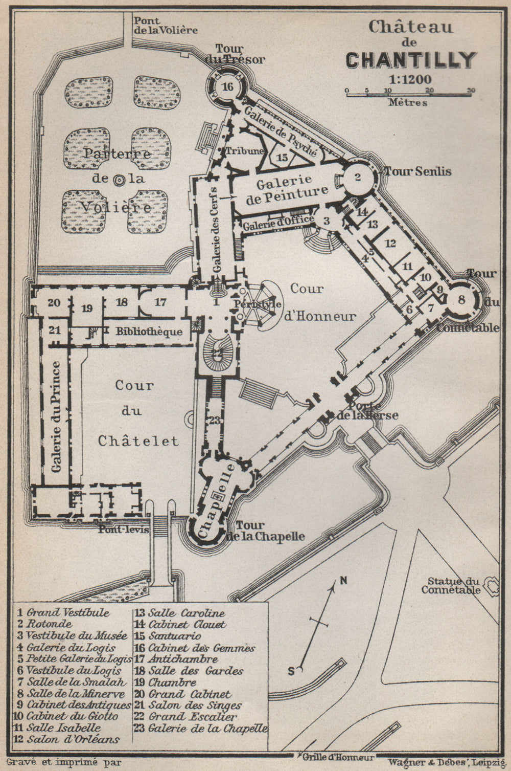 CHÂTEAU DE CHANTILLY floor plan. Oise carte. BAEDEKER 1910 old antique map