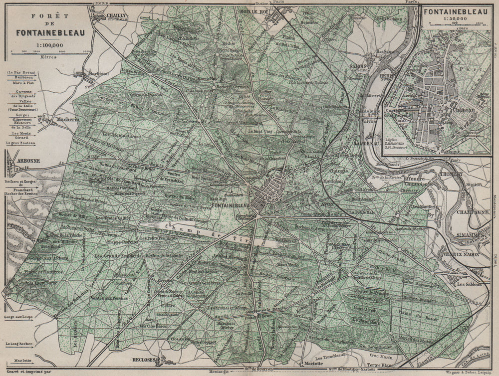 FORÊT DE FONTAINEBLEAU & town plan topo-map. Seine-et-Marne carte 1910 old