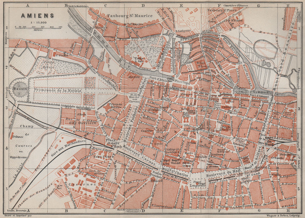 AMIENS antique town city plan de la ville. Somme carte. BAEDEKER 1910 old map