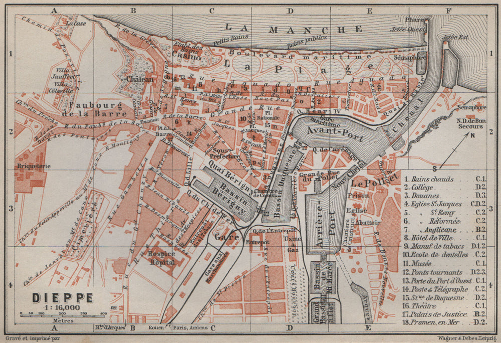 DIEPPE antique town city plan de la ville. Seine-Maritime carte 1910 old map