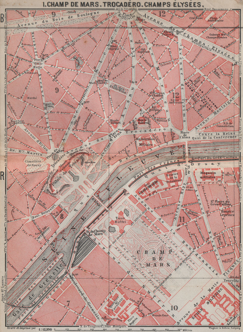 CHAMP DE MARS TROCADÉRO CHAMPS ÉLYSÉES town city plan. Paris 7e 8e 16e 1910 map