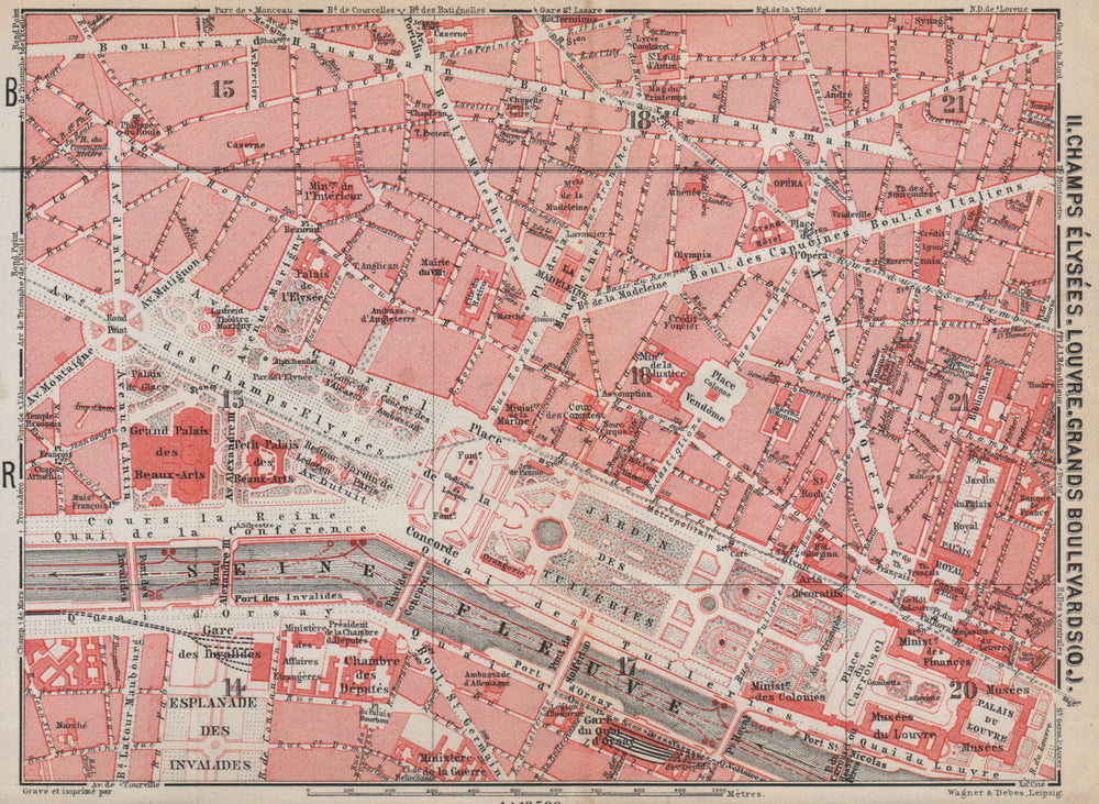 CHAMPS ÉLYSÉES LOUVRE GRANDS BOULEVARDS city plan Paris 1e 2e 7e 8e 9e 1910 map