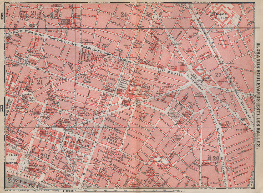 GRANDS BOULEVARDS LES HALLES MARAIS town city plan. Paris 1e 2e 3e 10e 1910 map