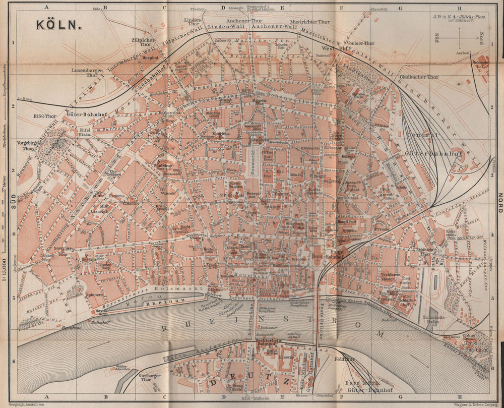 KÖLN (COLOGNE) town city stadtplan. Northrhine-Westfalia. Koln karte 1896 map