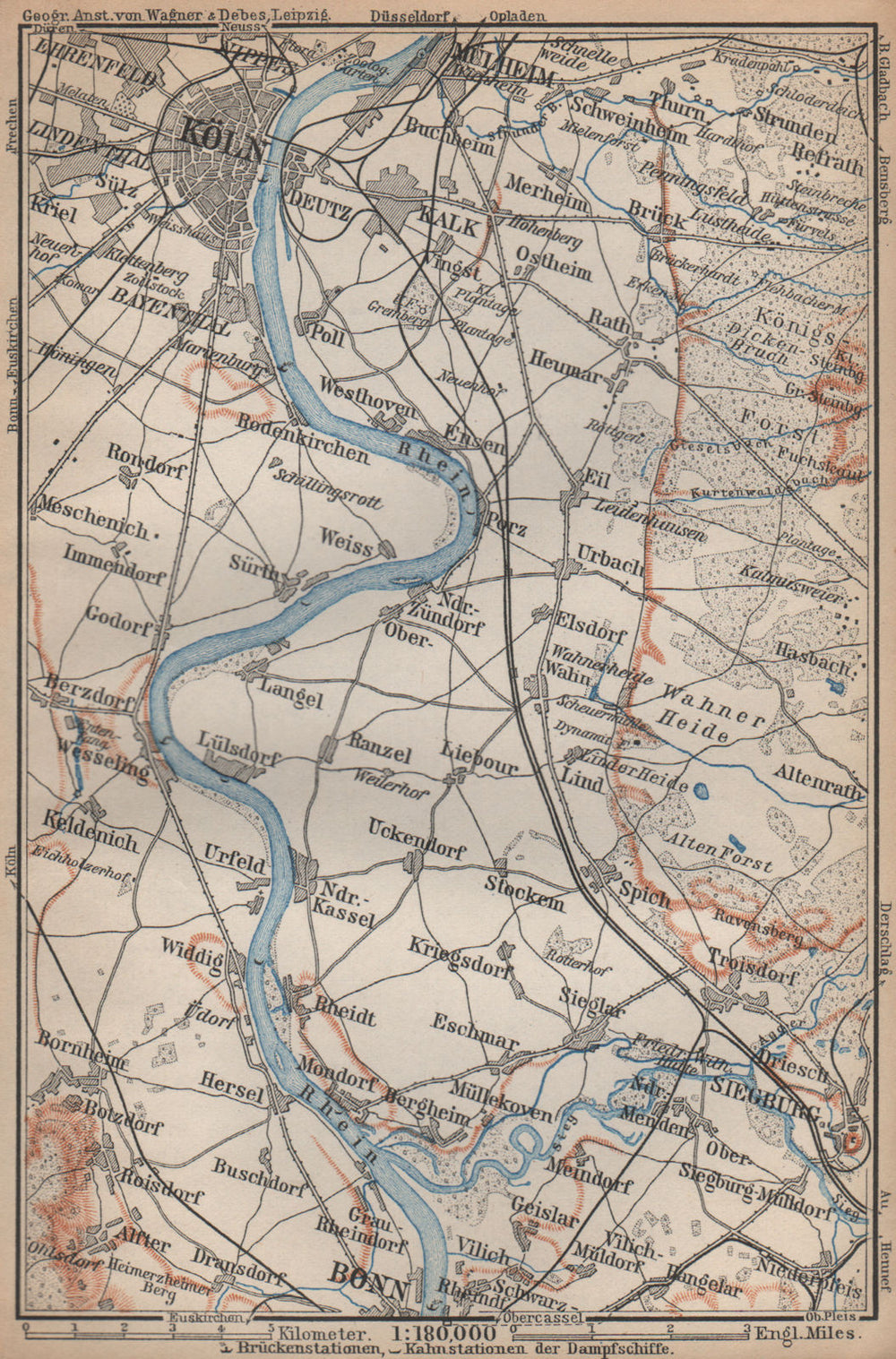 THE RHINE/RHEIN from/von COLOGNE KÖLN to/nach BONN. Deutschland karte 1896 map