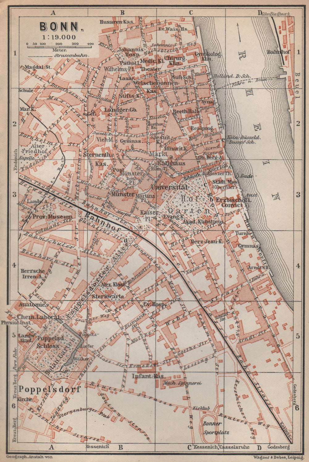 BONN antique town city stadtplan. Northrhine-Westfalia karte. BAEDEKER 1896 map