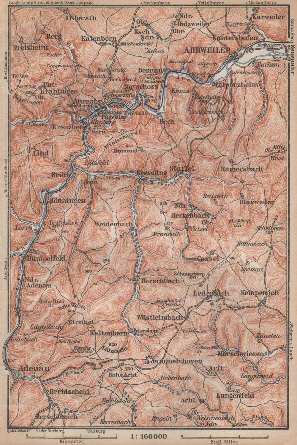 AHR & ADENAUER BACH VALLEYS. Ahrweiler Altenahr topo-map. Germany 1896 old