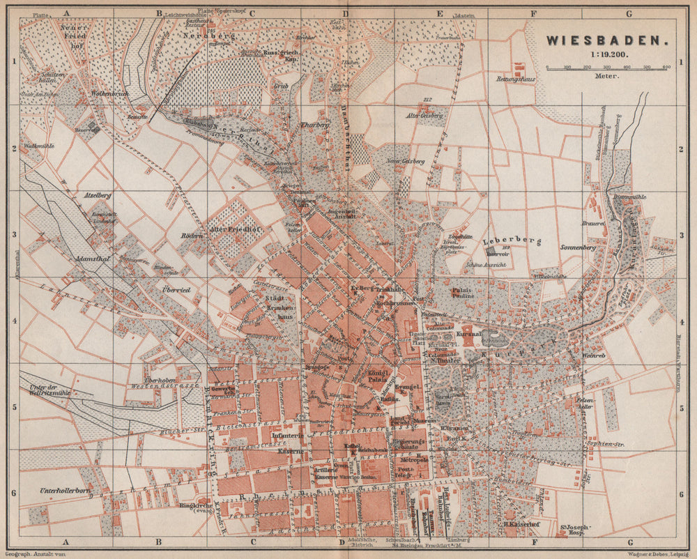 WIESBADEN antique town city stadtplan. Hessen karte. BAEDEKER 1896 old map
