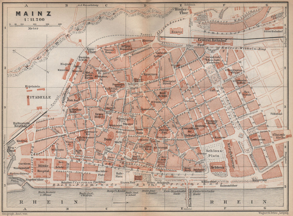 MAINZ antique town city stadtplan. Rhineland-Palatinate. Mayence karte 1896 map