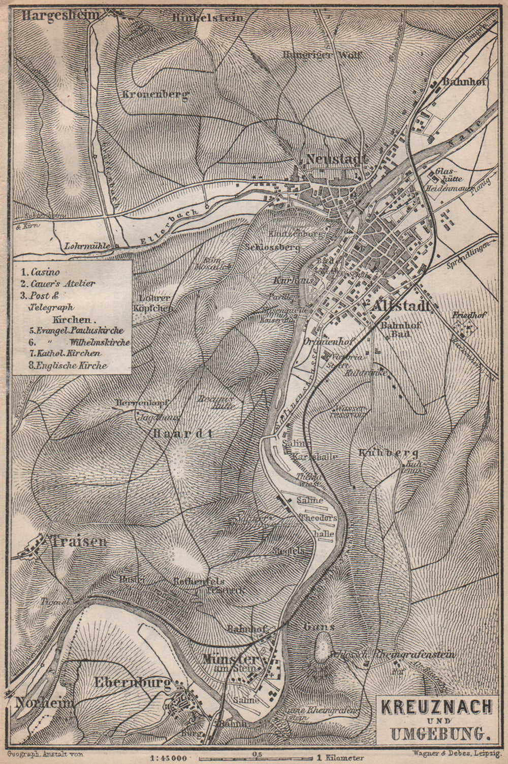 BAD KREUZNACH und umgebung/environs. Rhineland-Palatinate karte 1896 old map