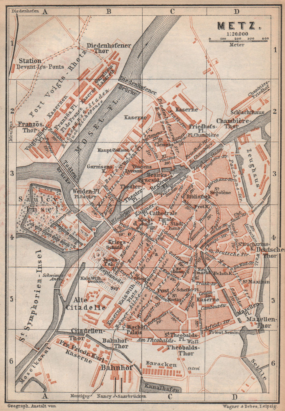 METZ antique town city stadtplan. Moselle carte. BAEDEKER 1896 old map