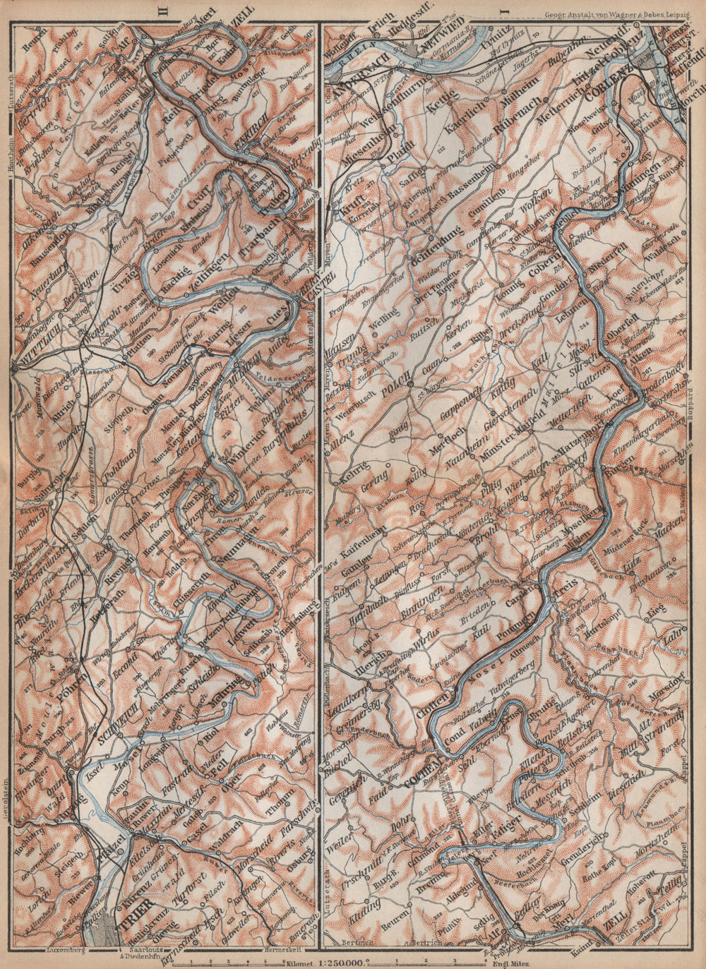 MOSELLE. Trier-Schweich-Leiwen-Bernkastel-Kues-Koblenz. Treves Coblenz 1896 map