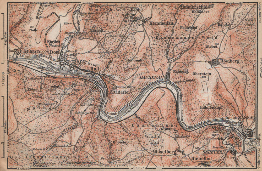 BAD EMS & NASSAU environs. Dausenau Lahn. Deutschland karte. BAEDEKER 1896 map