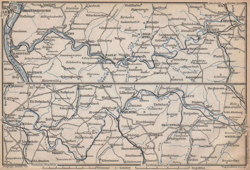 LAHNTAL VALLEY. Lahnstein Koblenz Wetzlar Limburg Weilburg Bad Ems 1896 map